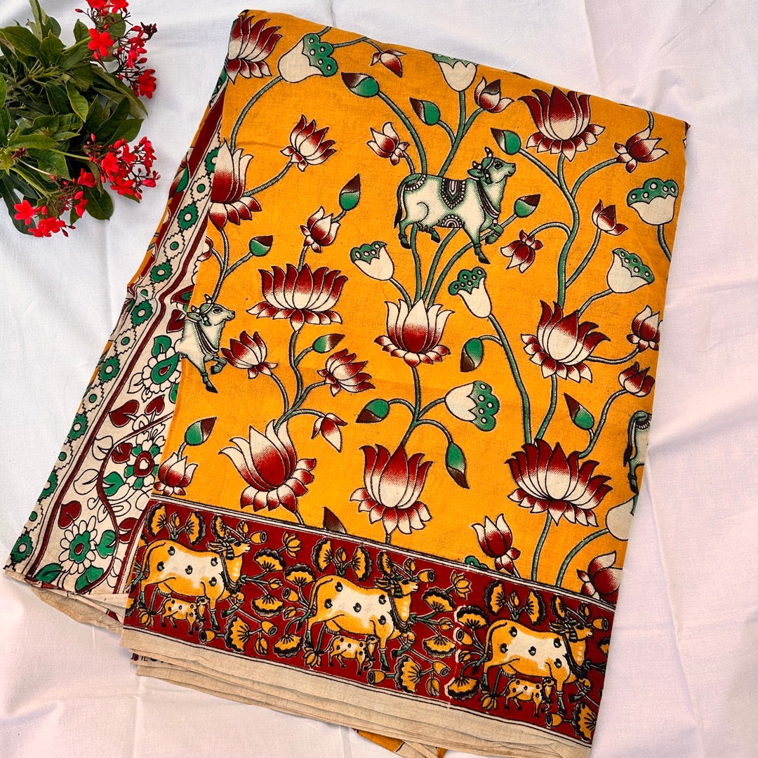 Cotton Yellow Kalamkari Saree - KCSKH10