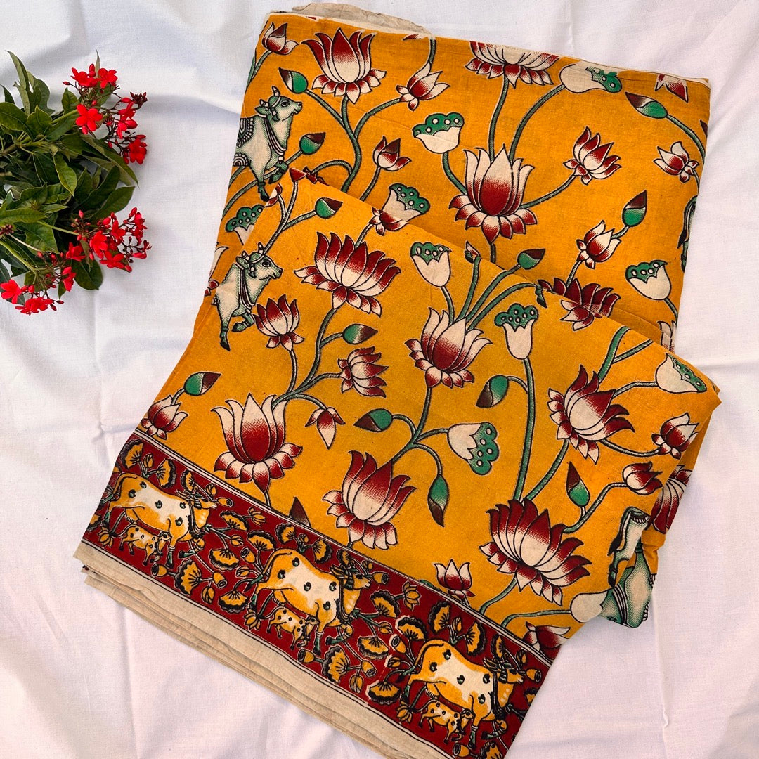 Cotton Yellow Kalamkari Saree - KCSKH10