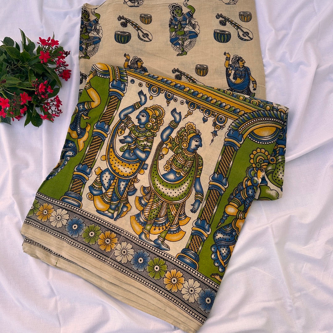 Cotton Halfwhite Kalamkari Saree - KCSKH09