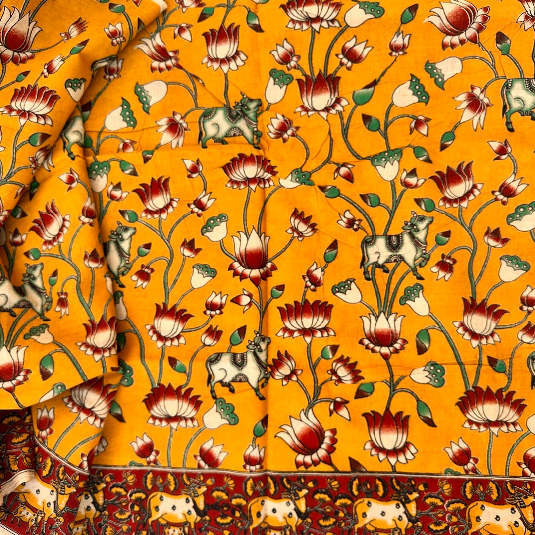 Cotton Yellow Kalamkari Saree - KCSKH10