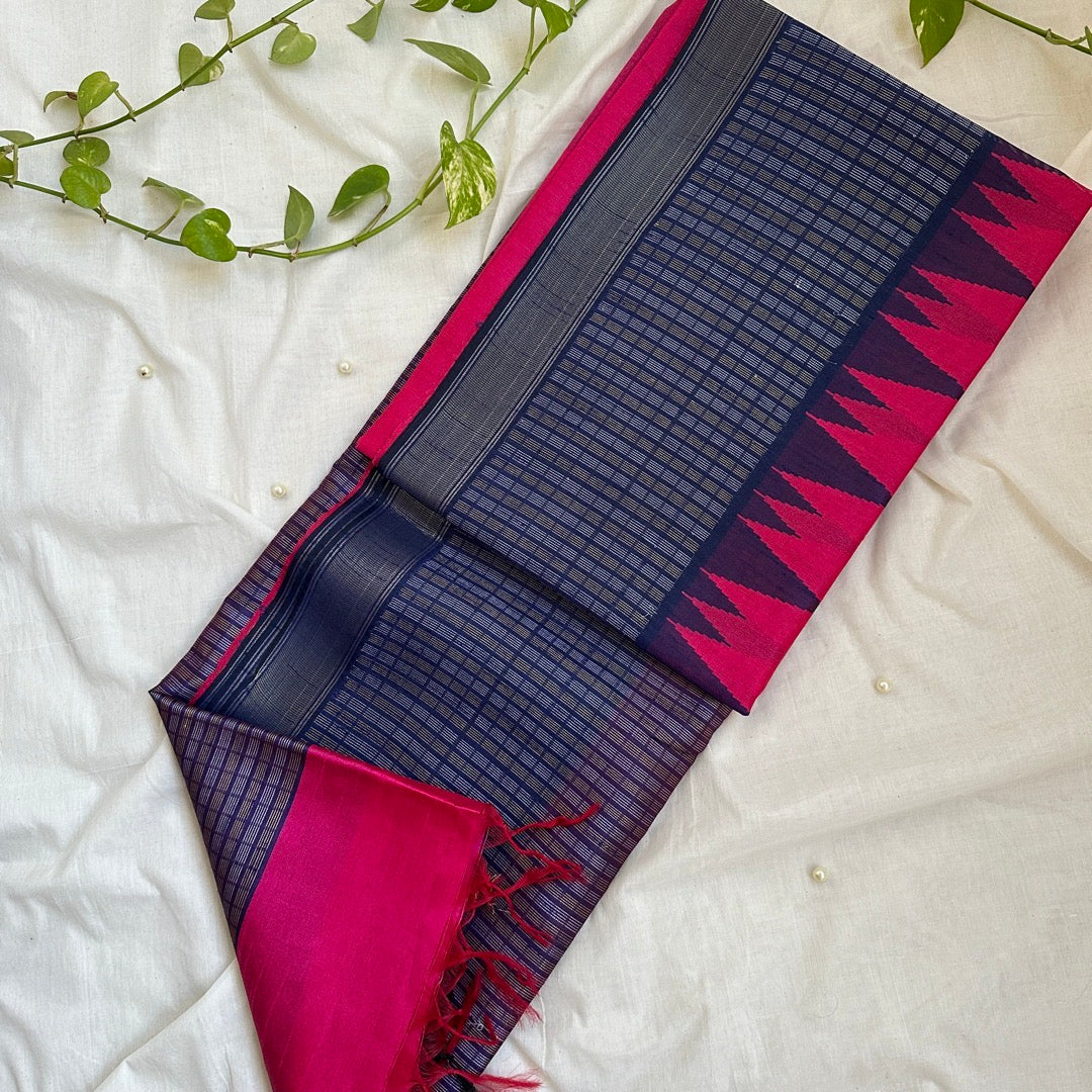 Raw Silk Pink Blue Saree