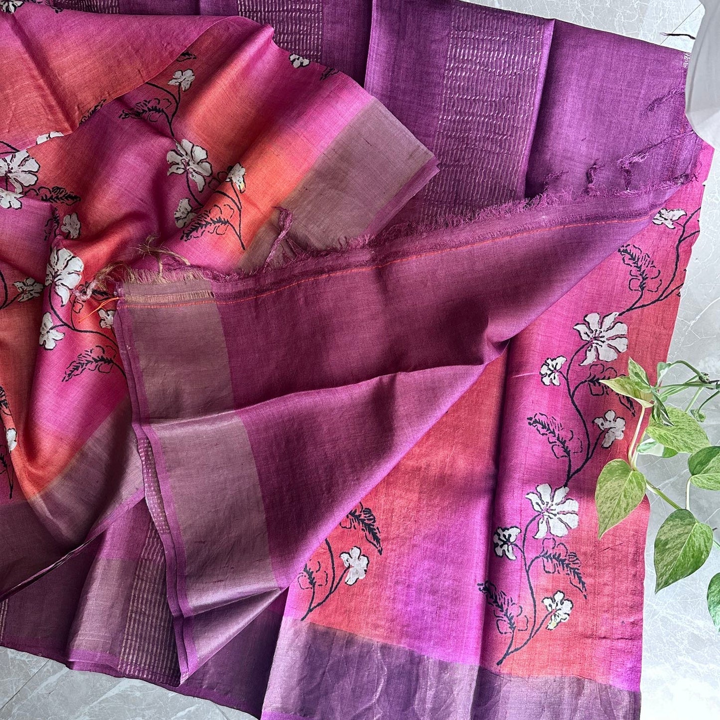 Tussar Silk Check PinkOrange Saree