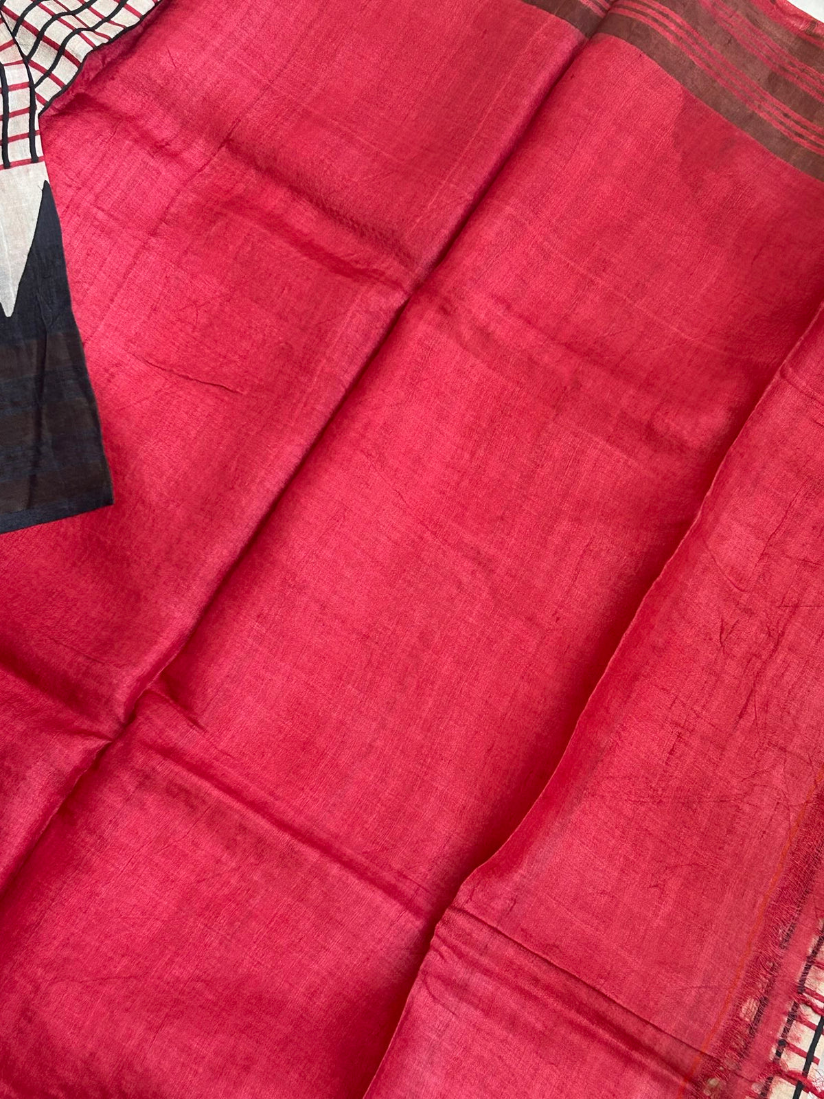 Tussar BlackRed Checked Saree