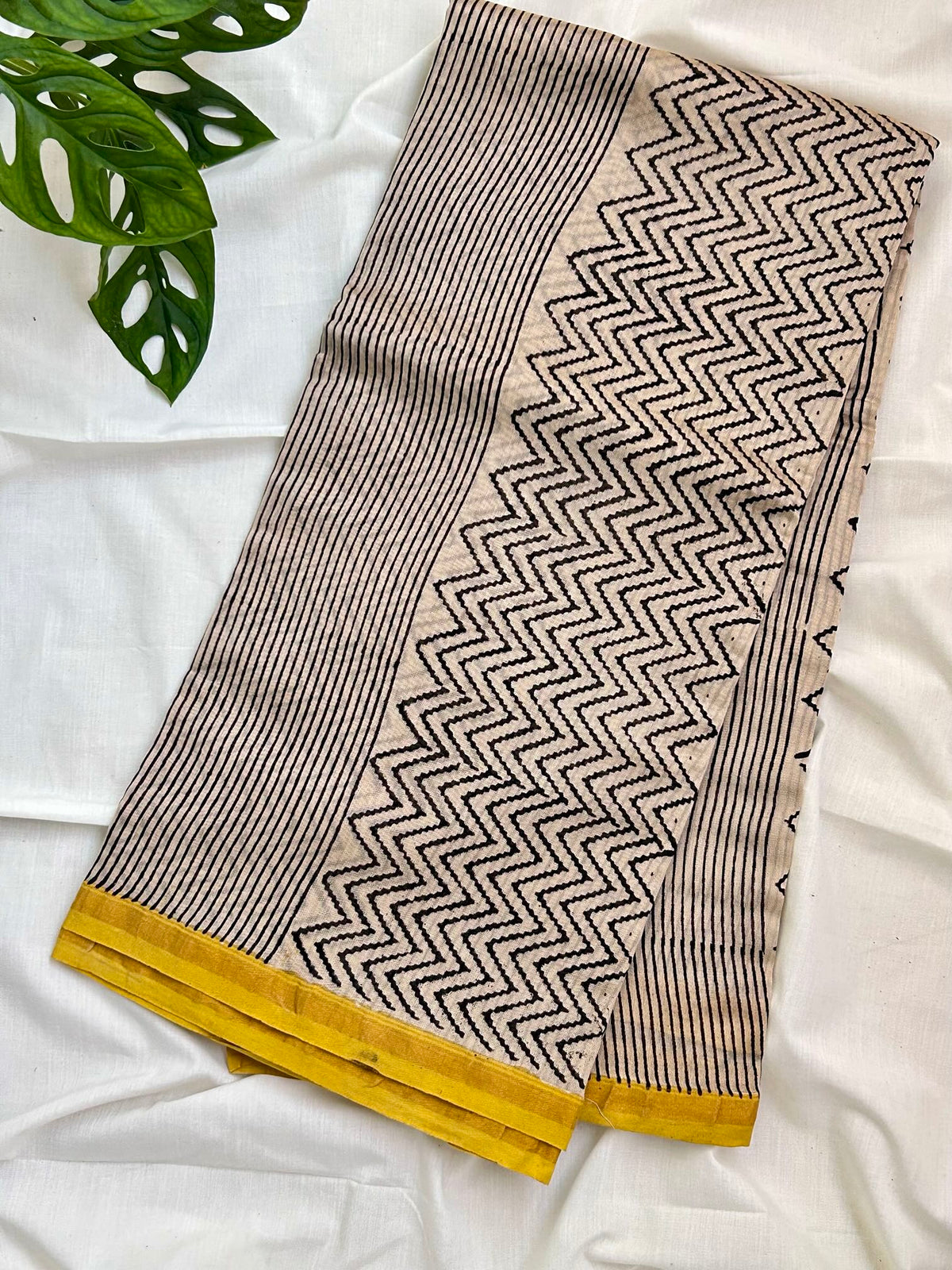 ChanderiSilk Yellow Zigzag Saree