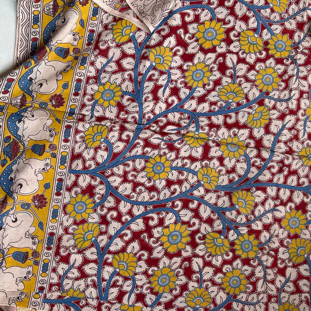 Cotton Red Kalamkari Saree -