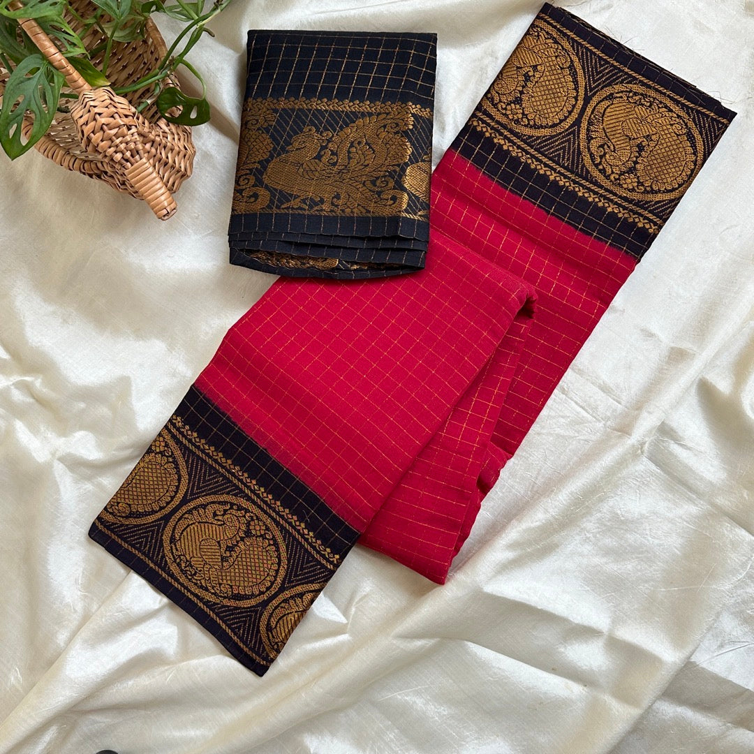 Sungudi Cotton Red Saree