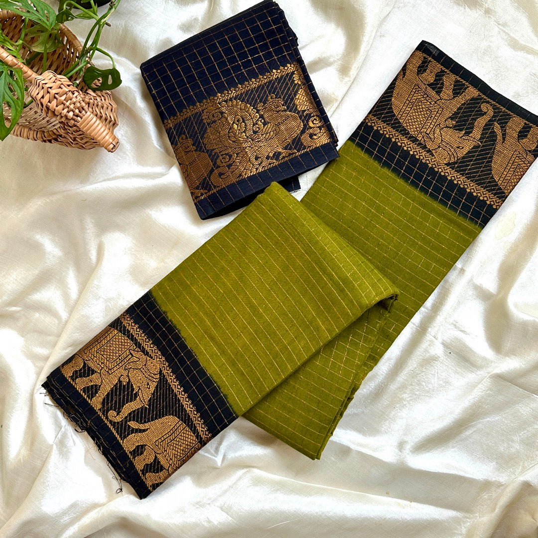 Sungudi Cotton OliveGreen Saree
