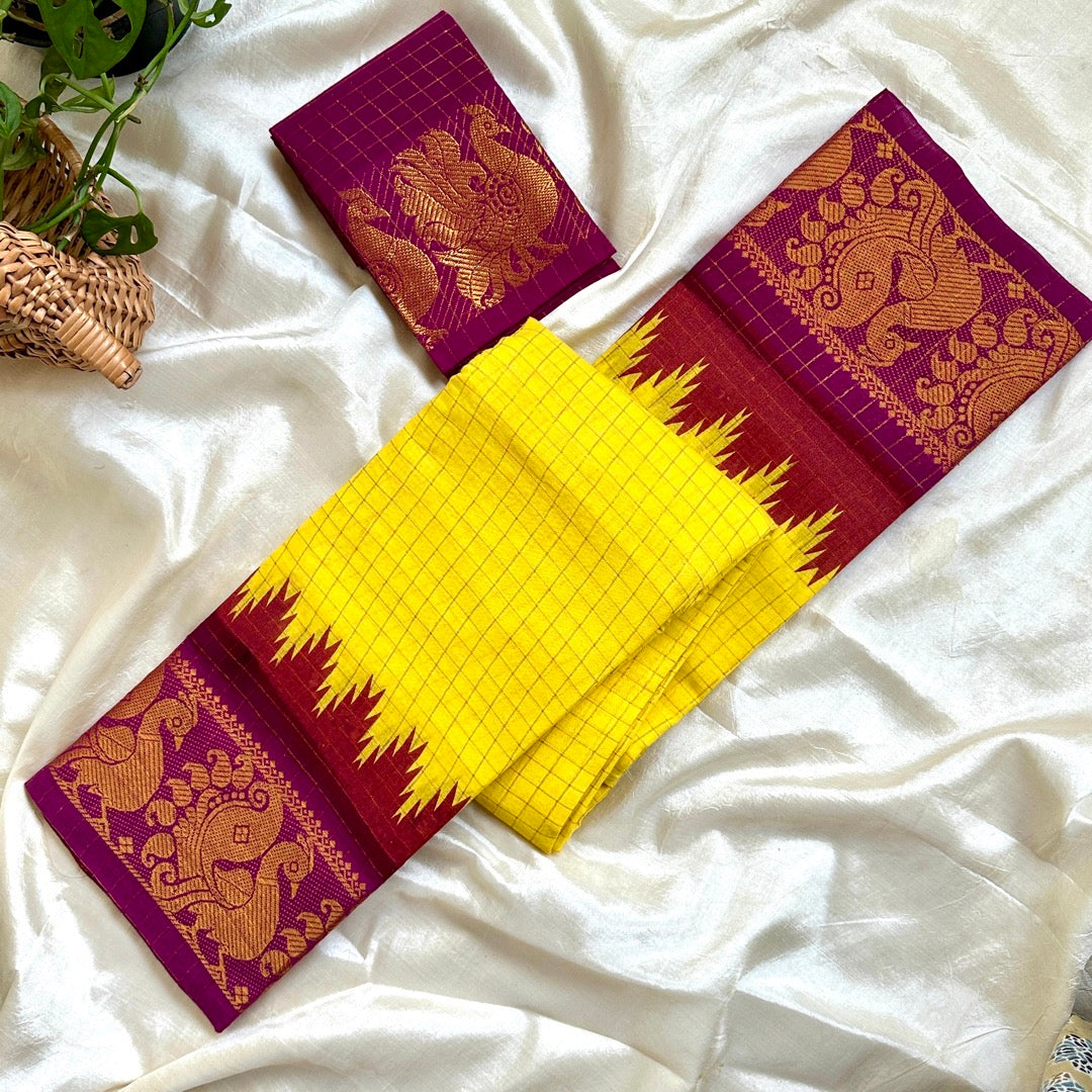 Sungudi Cotton Yellow Saree