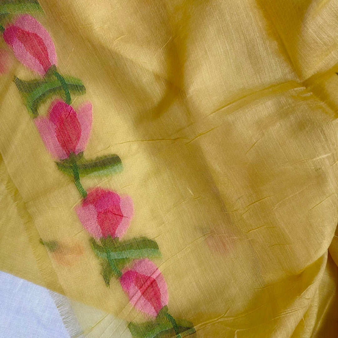 Yellow semi linen saree with blouse open look.