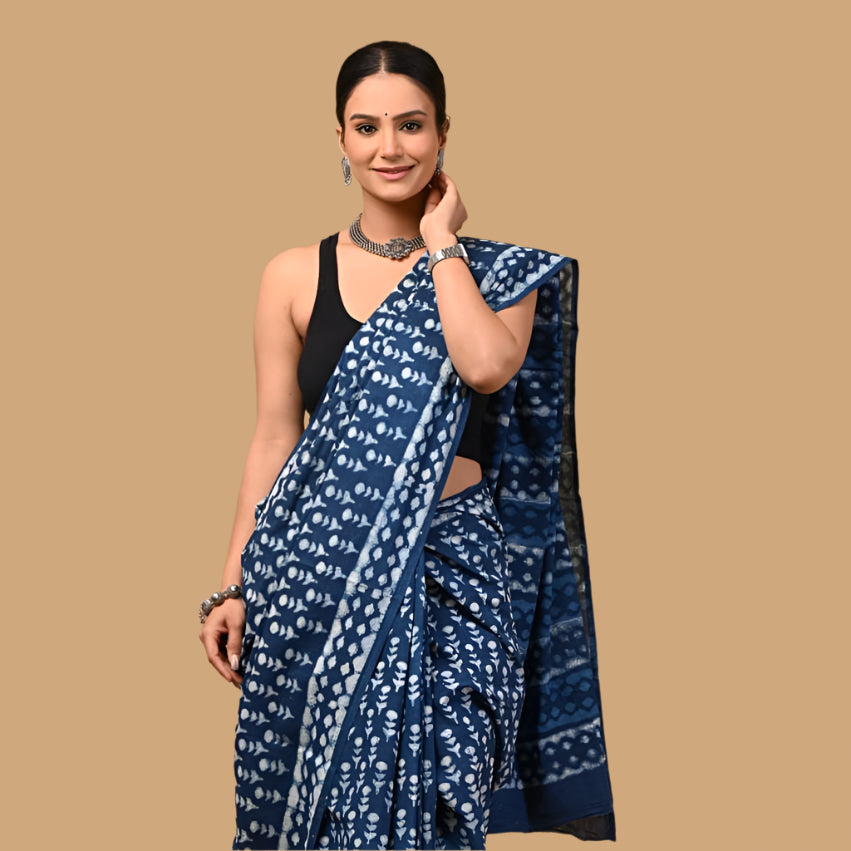 Mulmul Cotton Indigo Saree - 02