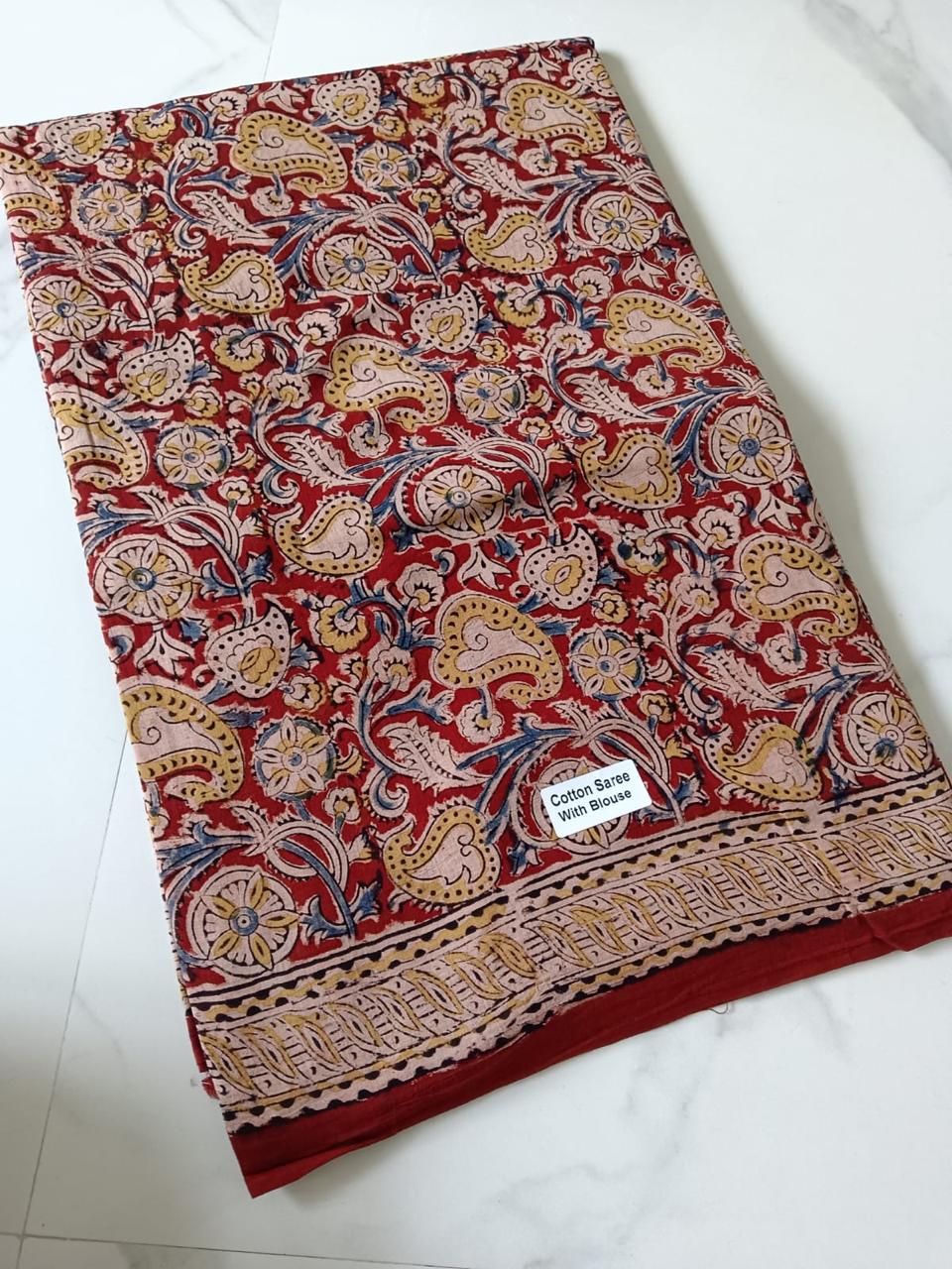 Cotton Red Kalamkari Saree www.vayatistudio.com.