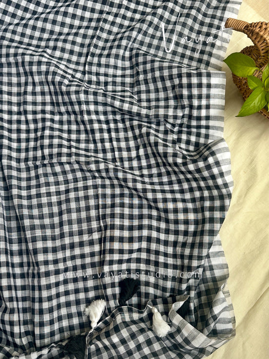 Mul Cotton Checked WhiteBlack Saree