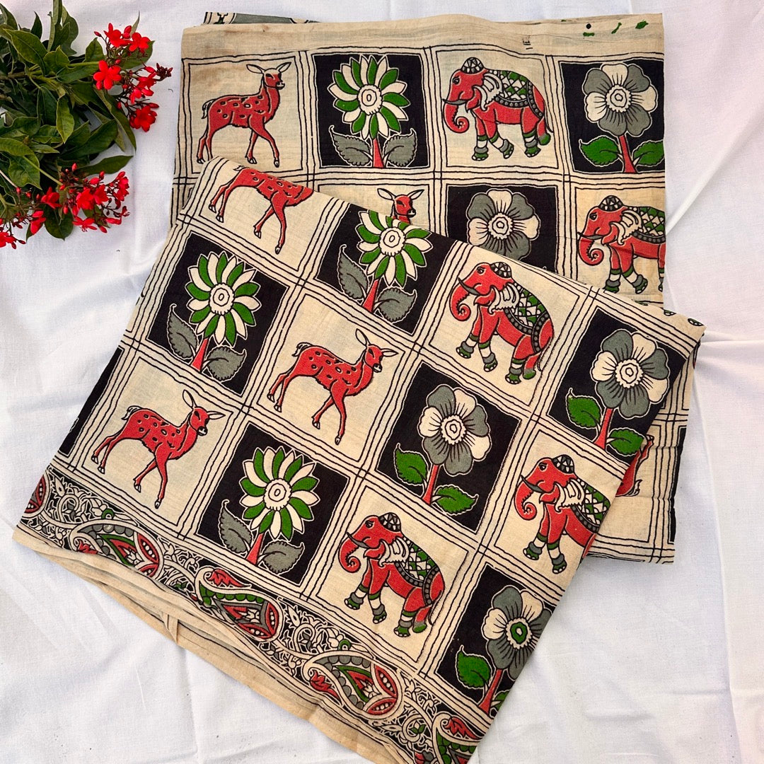 Cotton Halfwhite Kalamkari Saree - KCSKH07