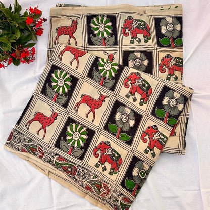 Cotton Halfwhite Kalamkari Saree - KCSKH07