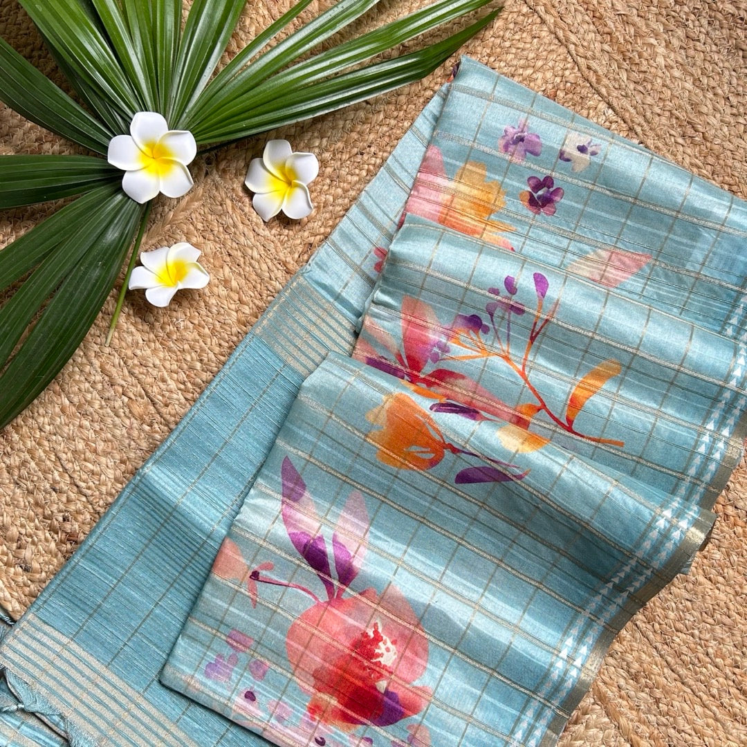 SemiTussar Blue Saree www.vayatistudio.com.