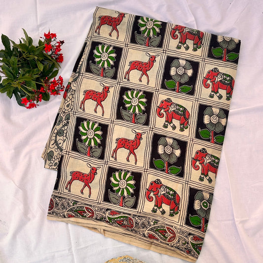Cotton Halfwhite Kalamkari Saree - KCSKH07