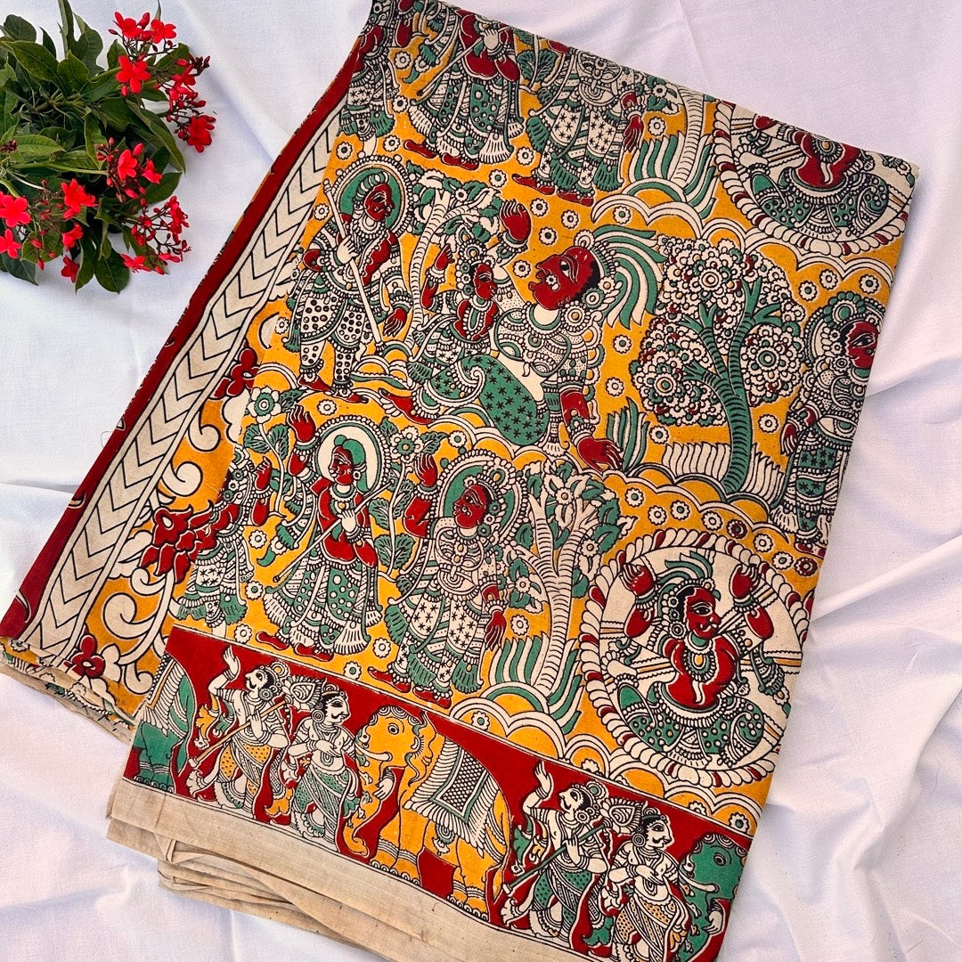 Cotton Yellow Kalamkari Saree - KCSKH05