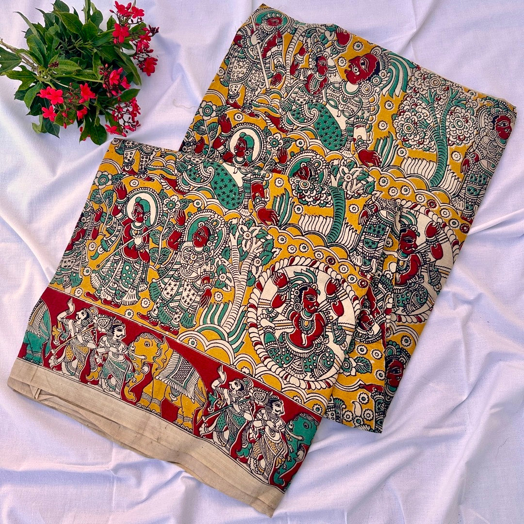 Cotton Yellow Kalamkari Saree - KCSKH05