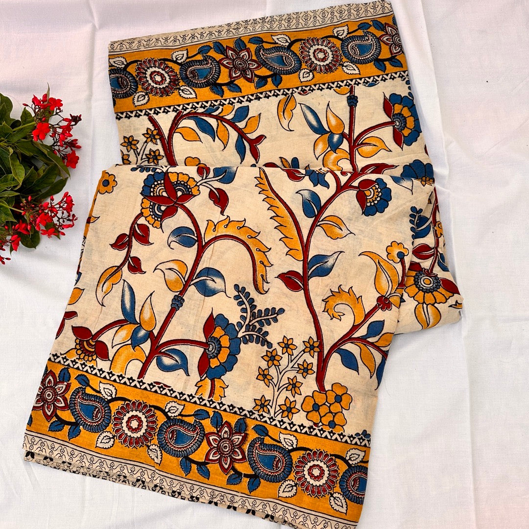 Cotton Halfwhite Kalamkari Saree - KCSKH13
