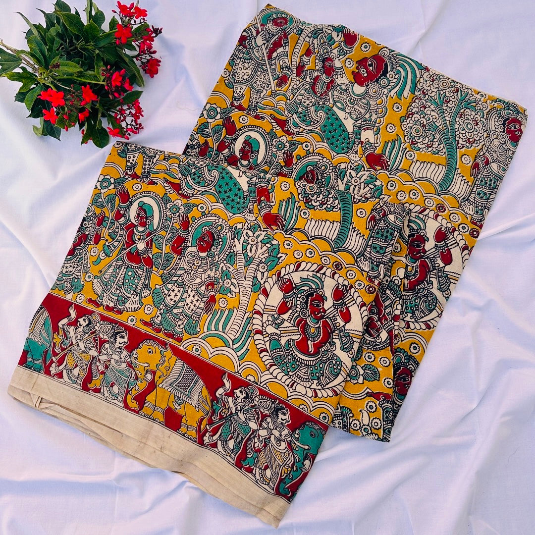 Cotton Yellow Kalamkari Saree - KCSKH05