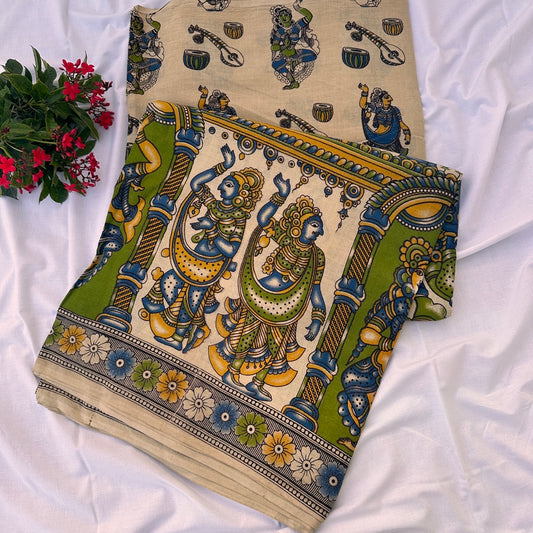 Cotton Halfwhite Kalamkari Saree - KCSKH09