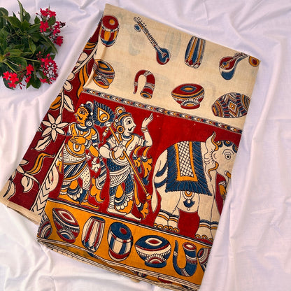Cotton Halfwhite Kalamkari Saree - KCSKH12