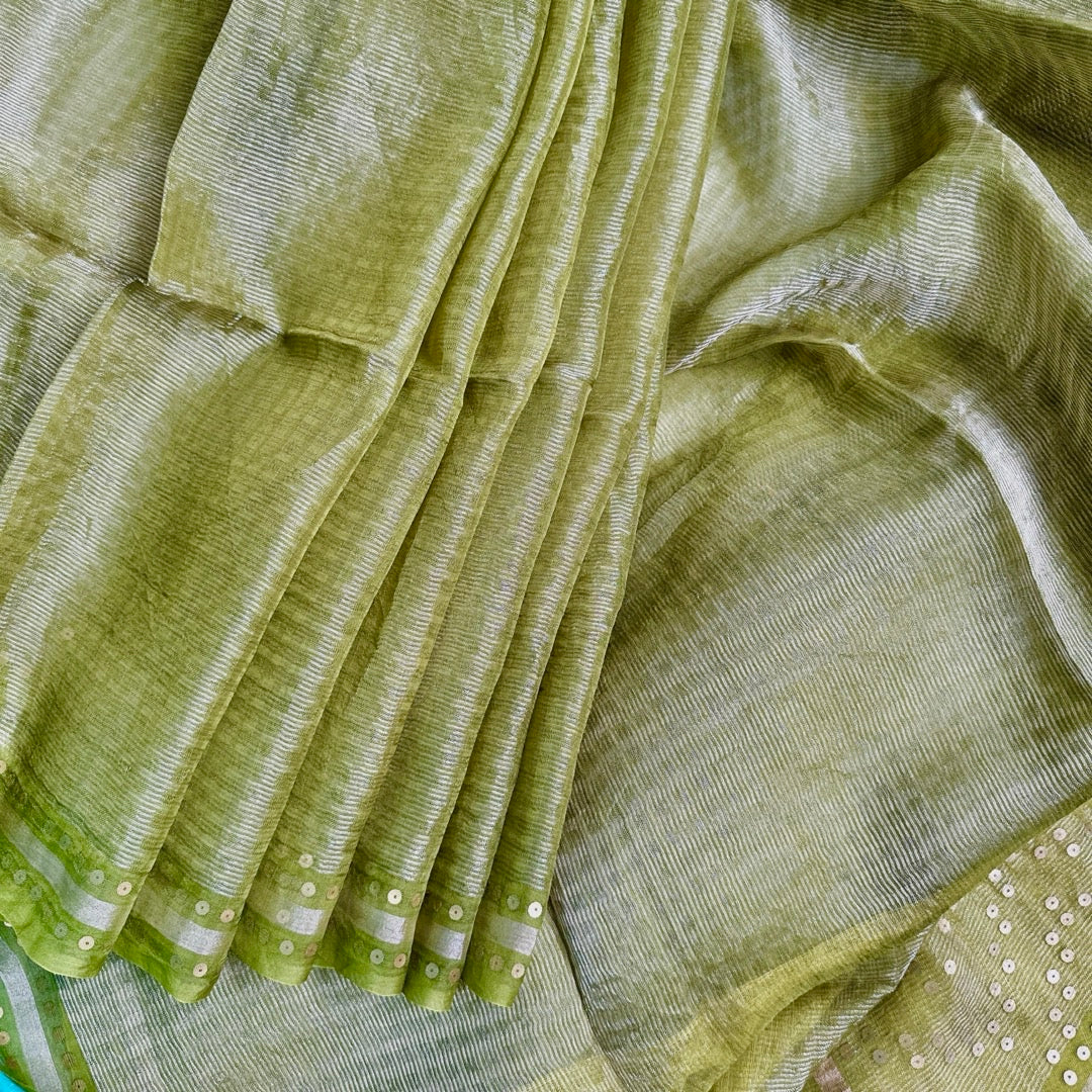 Green Tissue Muslin Silk Saree www.vayatistudio.com.