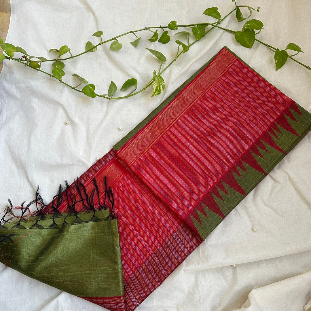 Raw Silk Green Red Saree