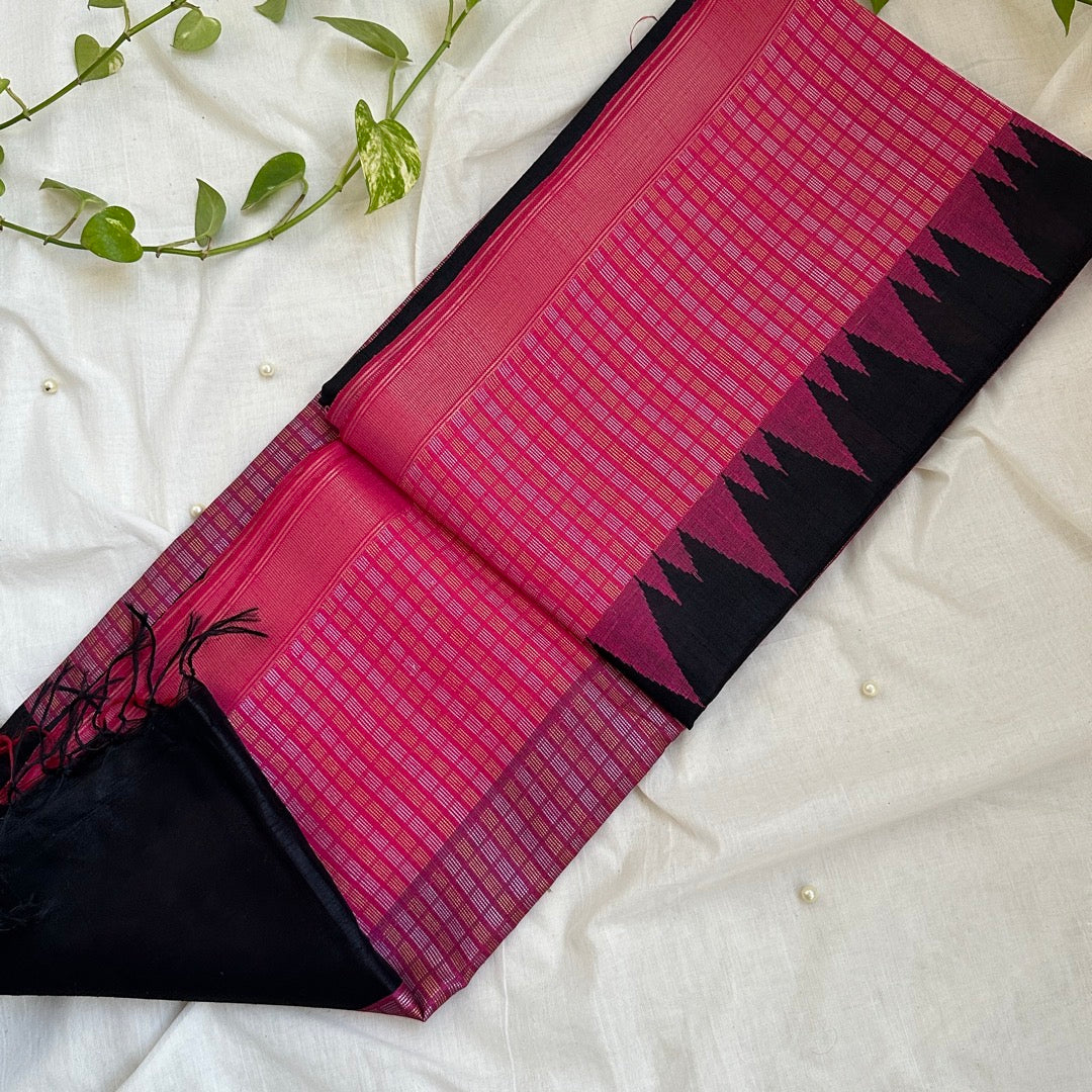 Raw Silk Black Pink Saree