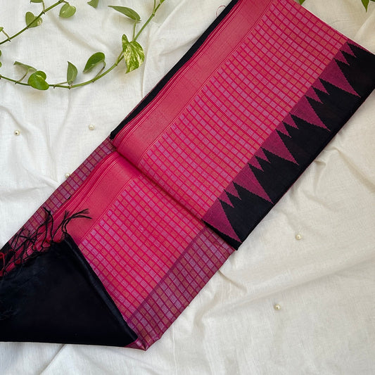 Raw Silk Black Pink Saree