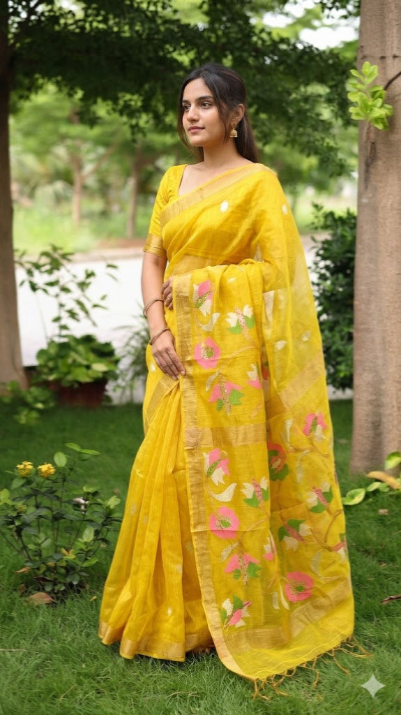 A woman wearing a bright yellow saree with pink and green floral embroidery and gold zari detailing, standing outdoors in a garden setting.