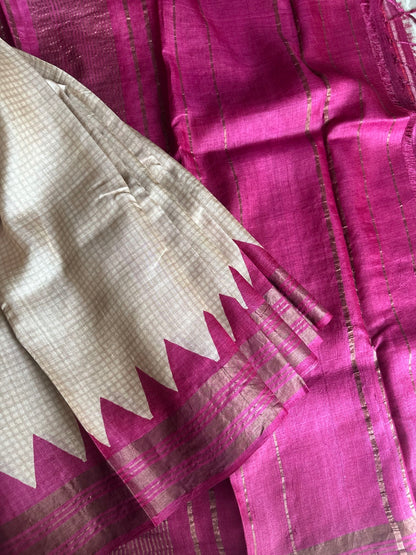 Tussar Silk Check HalfWhite Saree