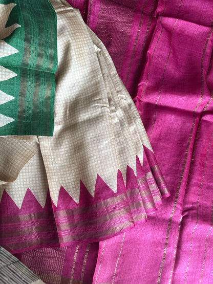 Tussar Silk Check HalfWhite Saree