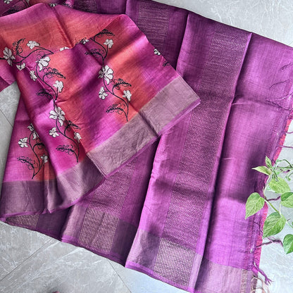 Tussar Silk Check PinkOrange Saree