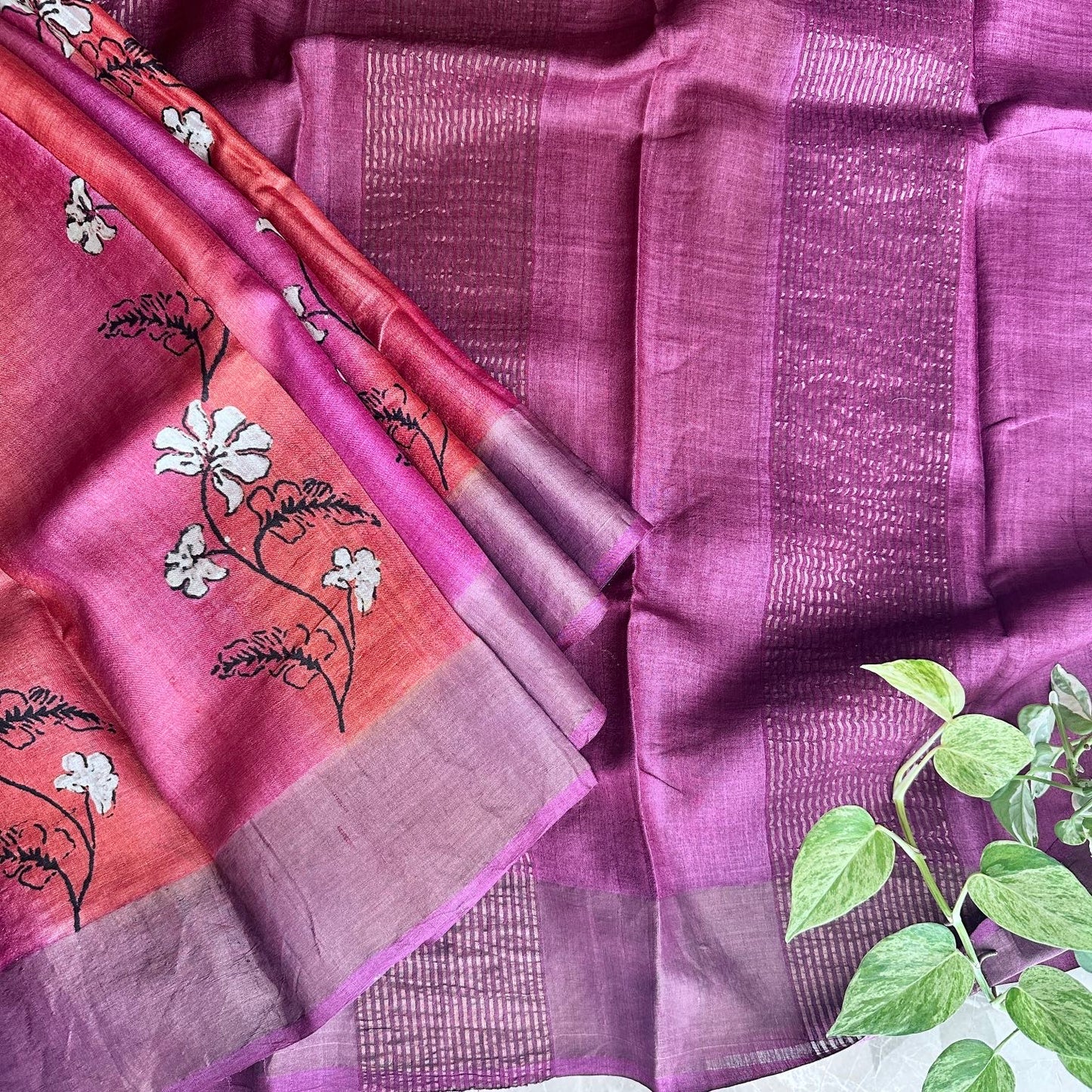 Tussar Silk Check PinkOrange Saree