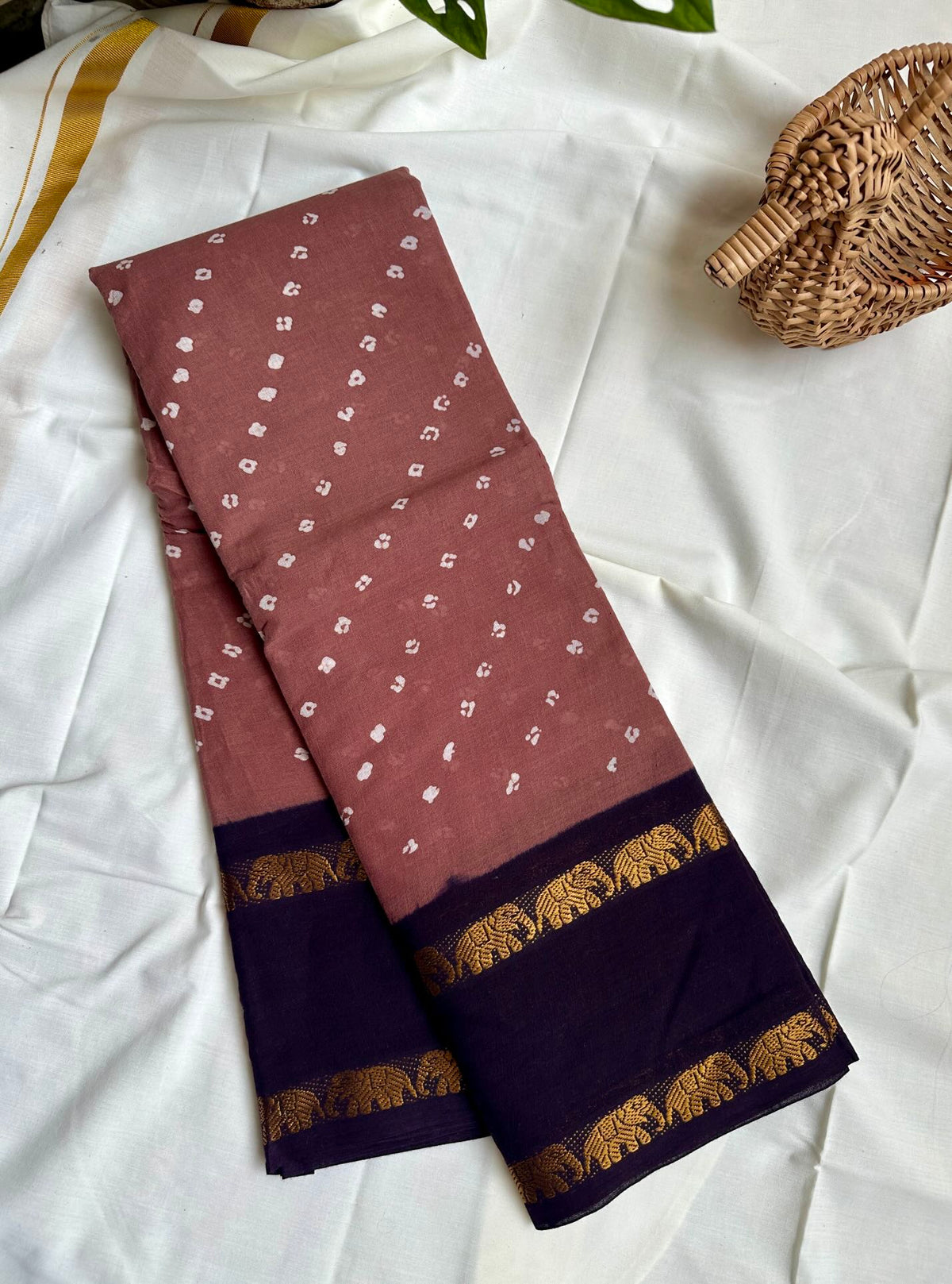 Sungudi Cotton Brown Saree