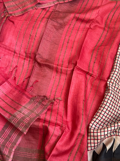 Tussar BlackRed Checked Saree