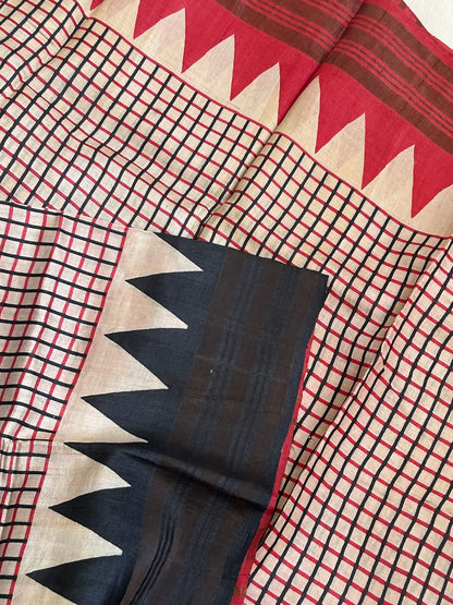 Tussar BlackRed Checked Saree