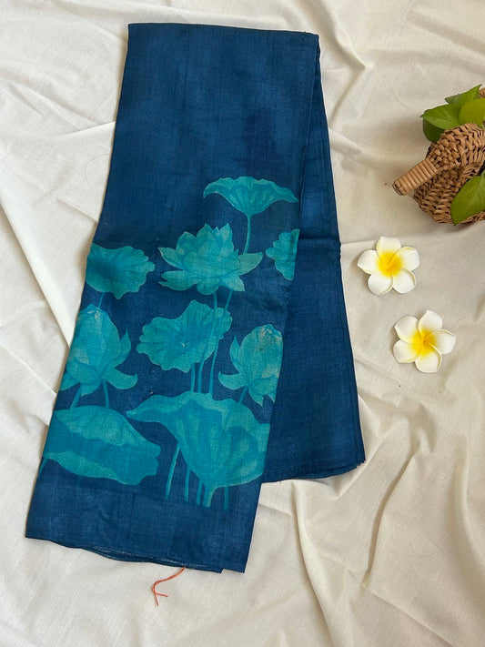 Tussar Silk Blue Floral Saree