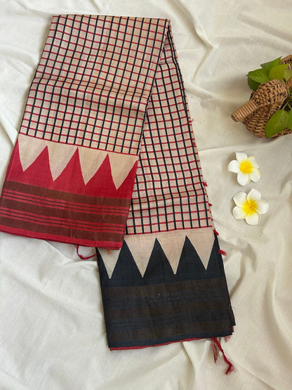Tussar BlackRed Checked Saree