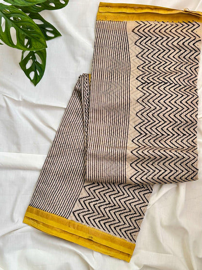 ChanderiSilk Yellow Zigzag Saree