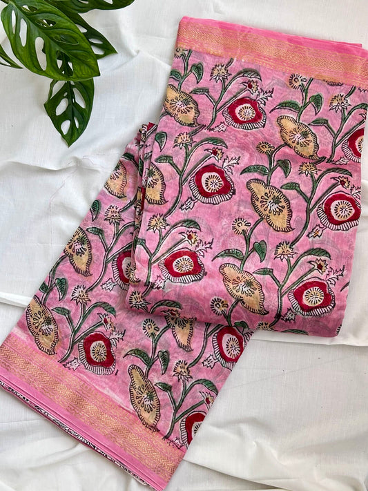 Pink Floral Maheswari Silk Saree