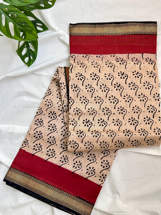 BeigeRed Maheswari Silk Saree