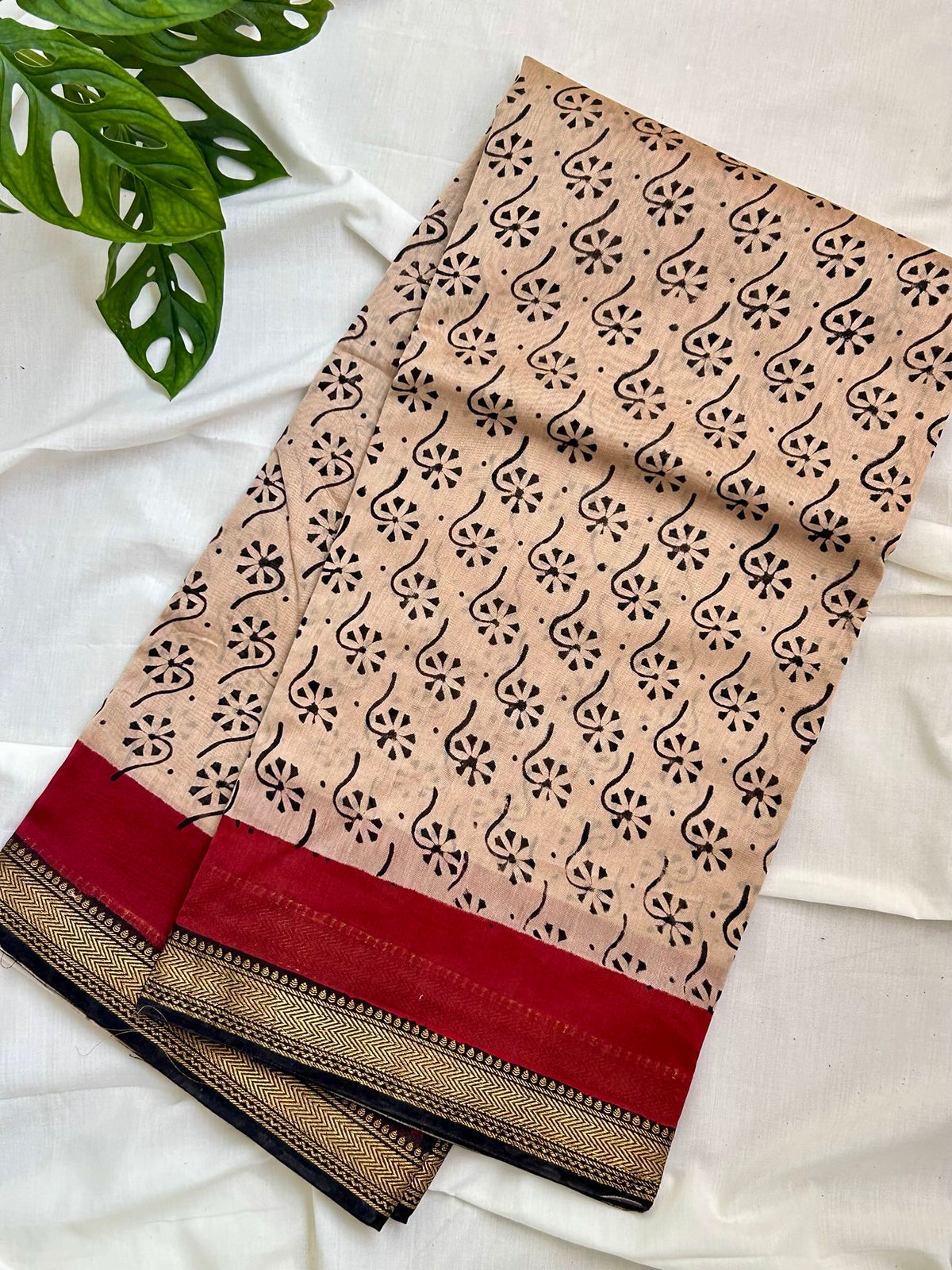 BeigeRed Maheswari Silk Saree