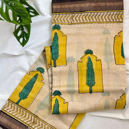 Beige Yellow Maheswari Silk Saree