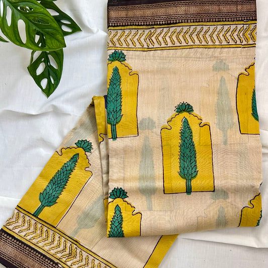 Beige Yellow Maheswari Silk Saree