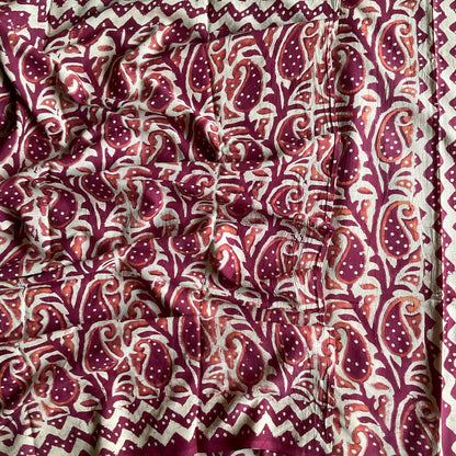 Mulmul Cotton handblock printed saree in maroon openlook.