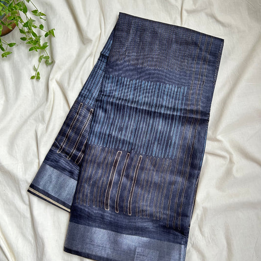 Semi Linen Blue Saree www.vayatistudio.com.