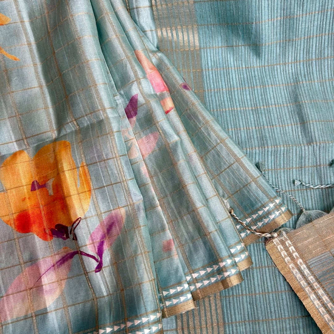 SemiTussar Blue Saree www.vayatistudio.com.
