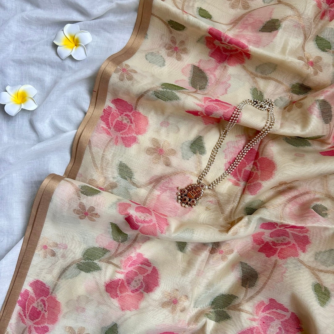 Half White semi linen Jamdhani saree with woven floral parents